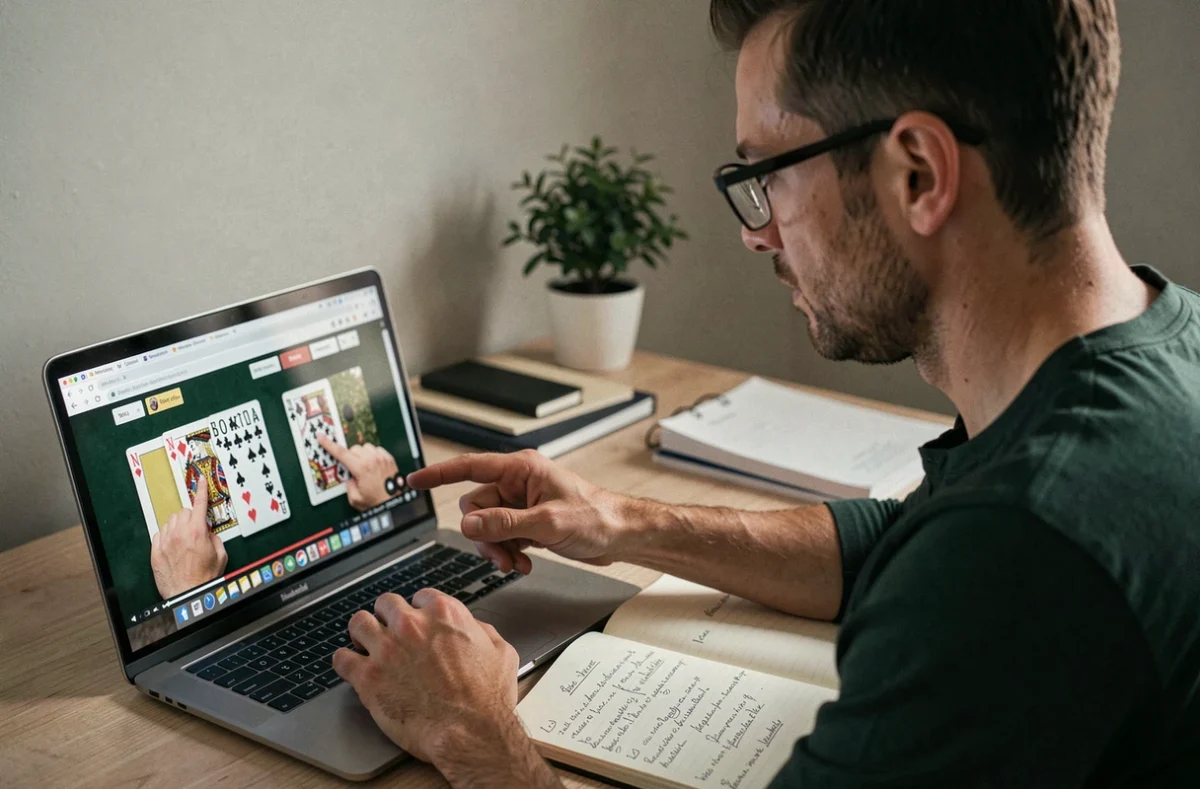 Un homme consulte un tutoriel vidéo de belote à deux sur un ordinateur portable avec des notes stratégiques manuscrites ouvertes à côté