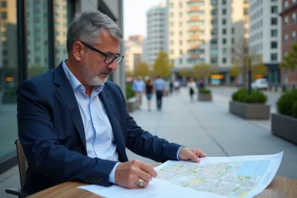 Urbaniste homme examinant des plans urbains en ville