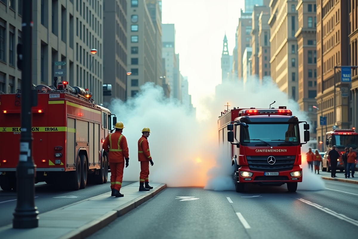 Véhicule en feu avec pompiers et symboles d