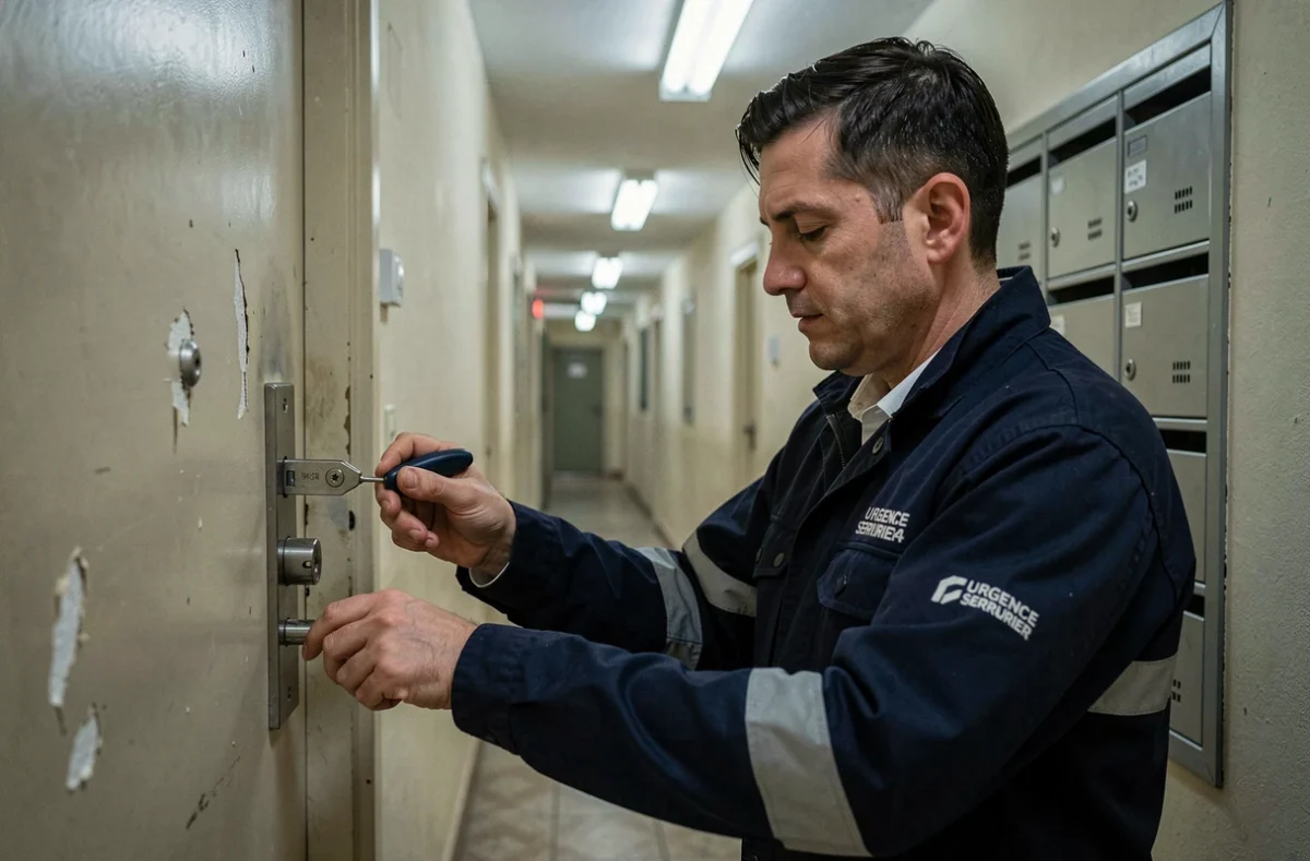 Technicien d'Urgence Serrurier 34 intervenant de nuit sur une serrure d'appartement dans un couloir d'immeuble à Montpellier