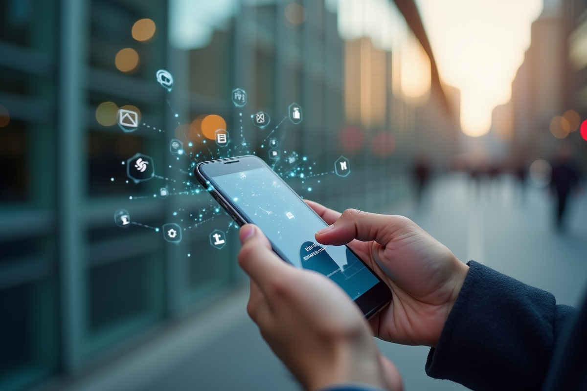 Mains utilisant une application bancaire sur smartphone