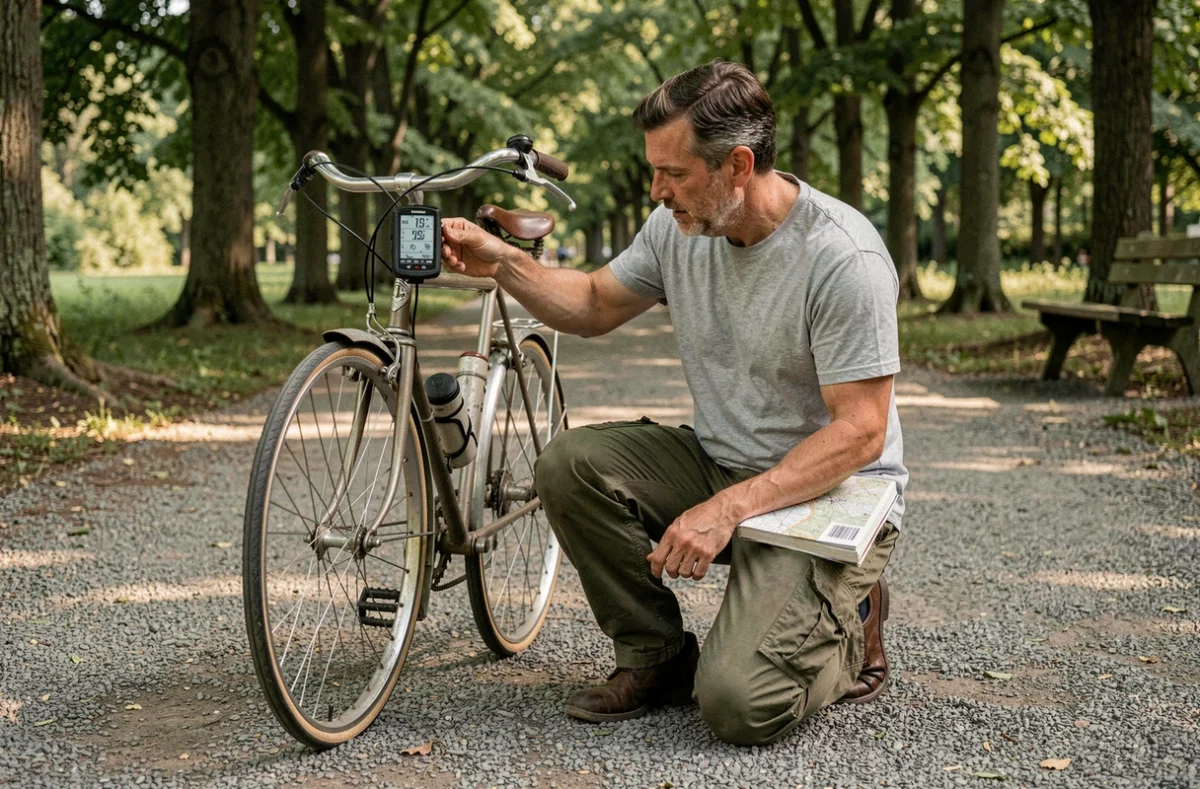 Homme consultant un compteur vélo affichant la conversion miles et kilomètres sur un chemin de parc