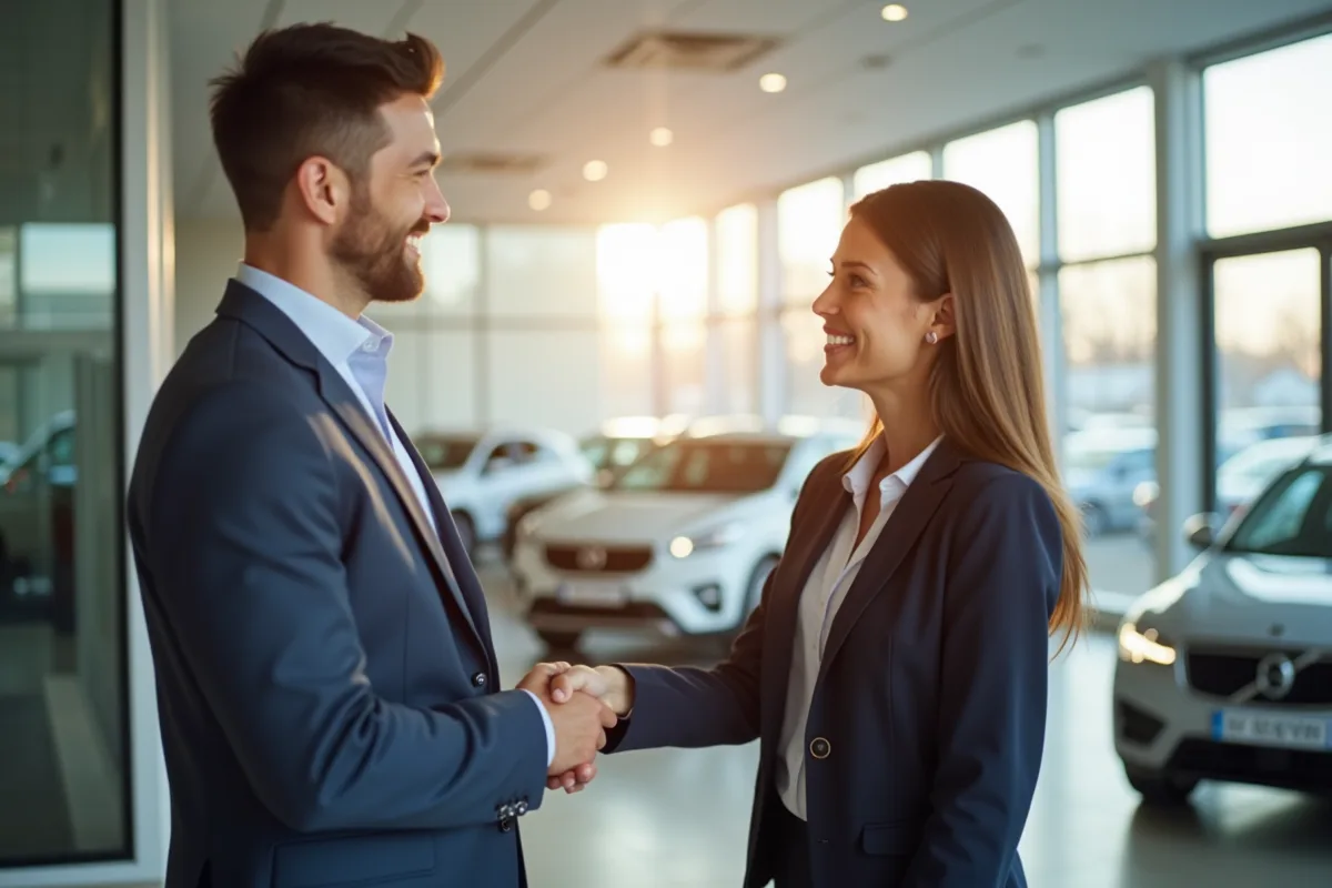 Vendeur de voitures confiant serrant la main d'un client souriant dans un showroom lumineux