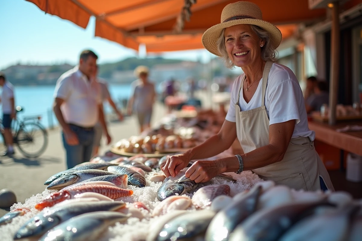 Vendeuse souriante de produits de la mer au marché du Barcarès, étal de poissons frais et coquillages en bord de lagune méditerranéenne