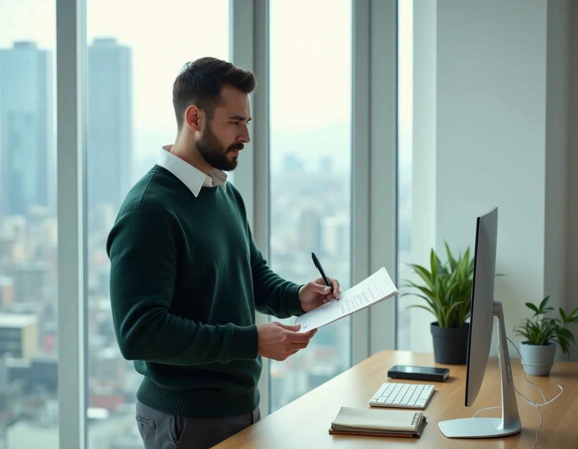 Jeune professionnel vérifiant une liste de contacts téléphoniques imprimée dans un bureau à domicile minimaliste avec vue urbaine