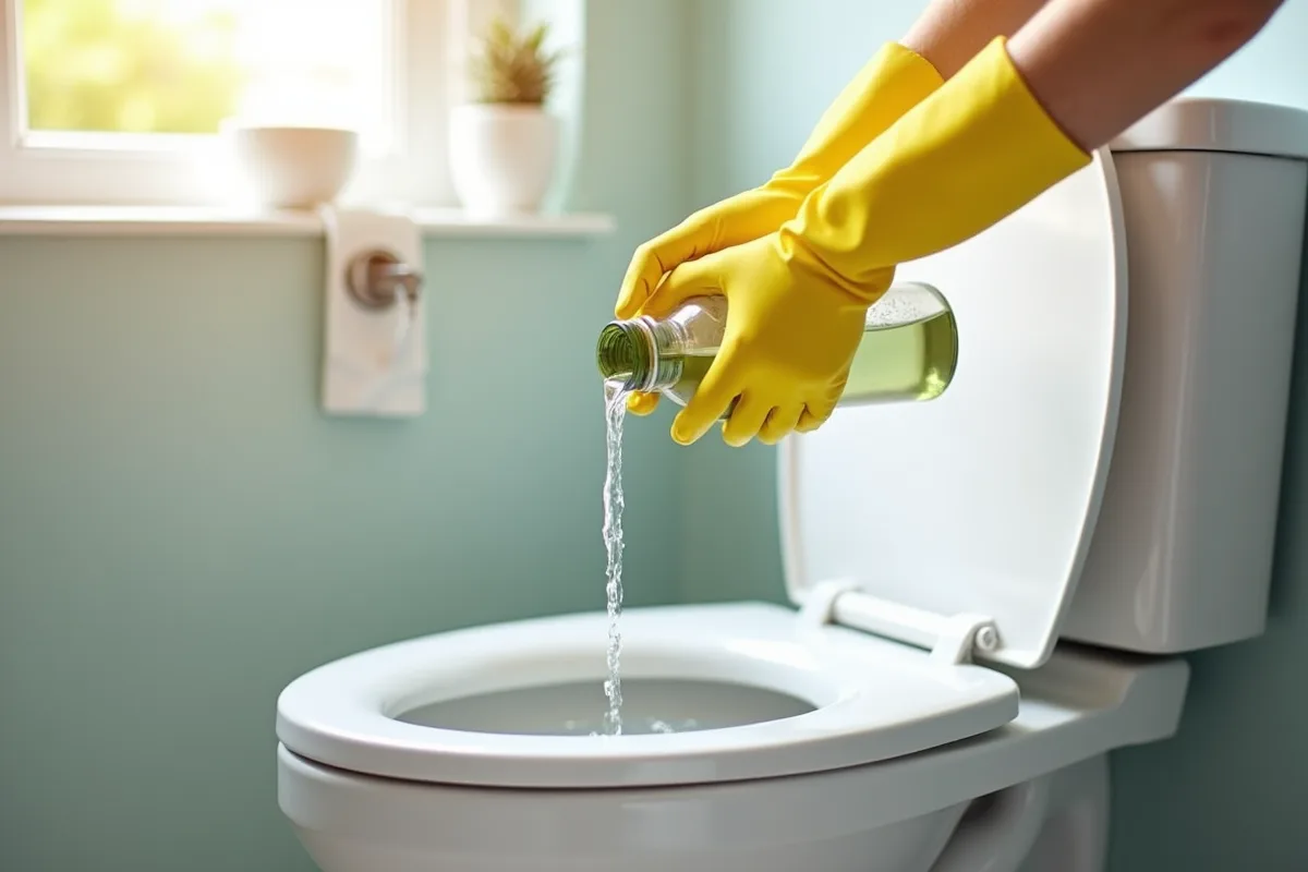 Mains en gants jaunes versant un nettoyant maison dans une toilette blanche