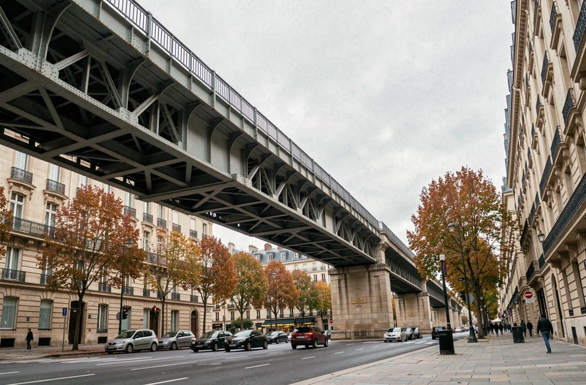 Viaduc surélevé de la ligne 6 du métro parisien au-dessus d'un boulevard haussmannien en automne