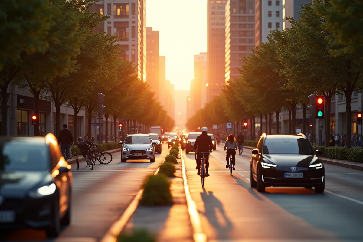Rue urbaine moderne au lever du soleil avec voitures électriques et vélos