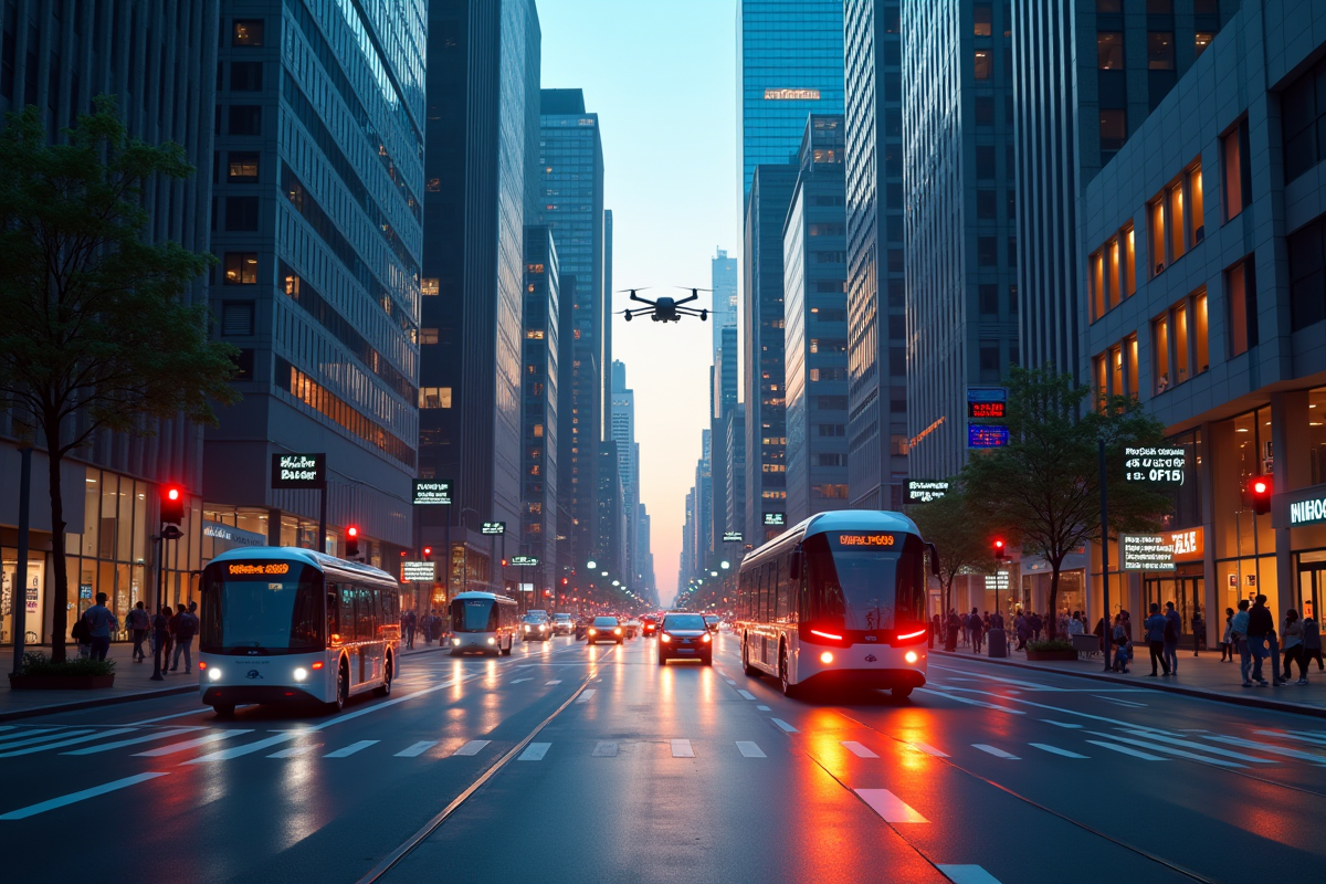 Rue urbaine animée avec véhicules autonomes et drones en soirée