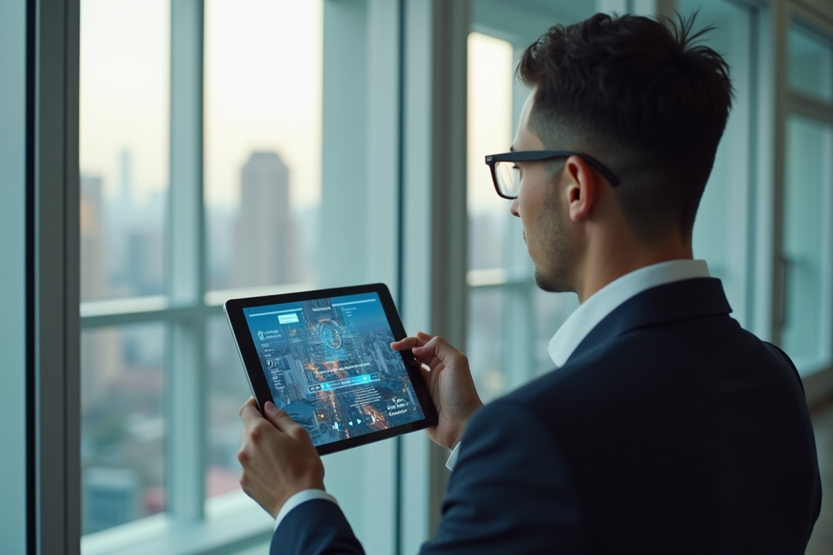 Jeune professionnel utilisant une tablette pour visiter un appartement