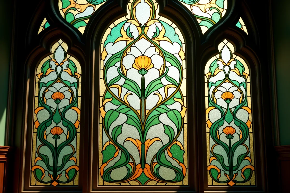 Vitrail Art Nouveau avec motifs floraux et couleurs naturelles