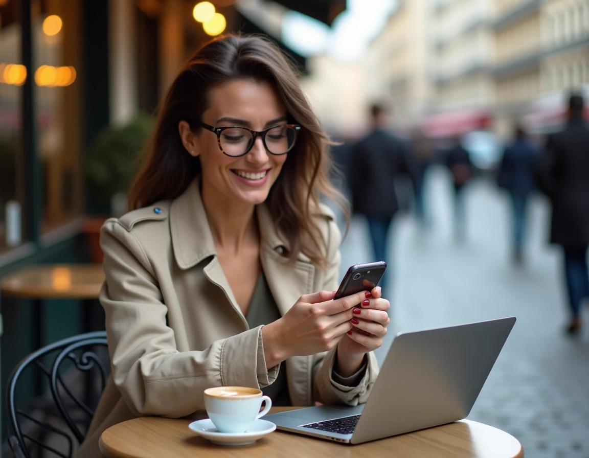 Femme consultant anonymement une story Instagram depuis un café en terrasse avec son smartphone