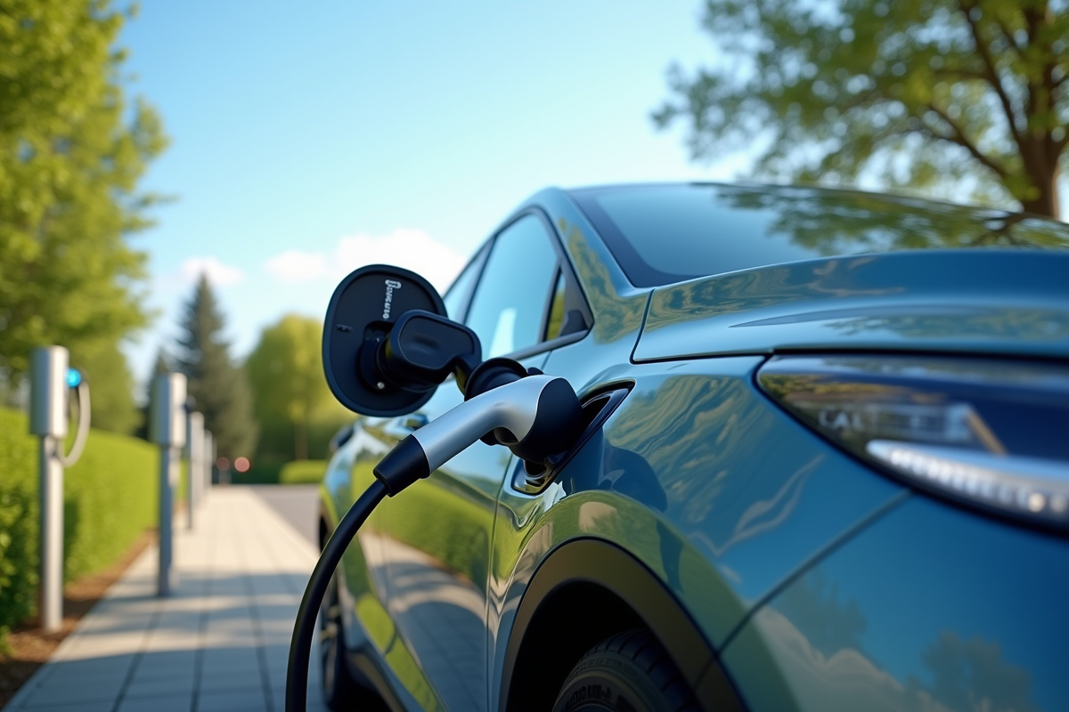 Voiture hybride en charge à une station électrique en plein air avec nature environnante
