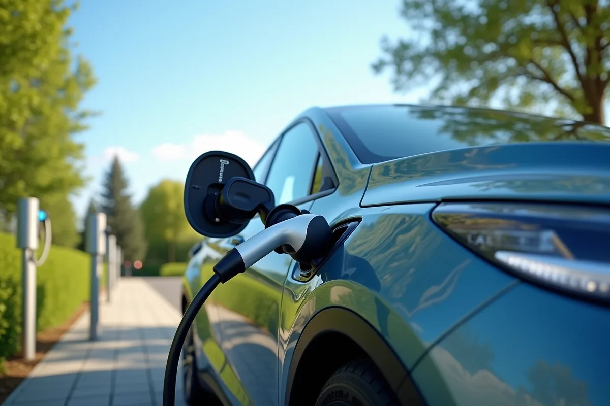Voiture hybride en charge à une station électrique en plein air avec nature environnante