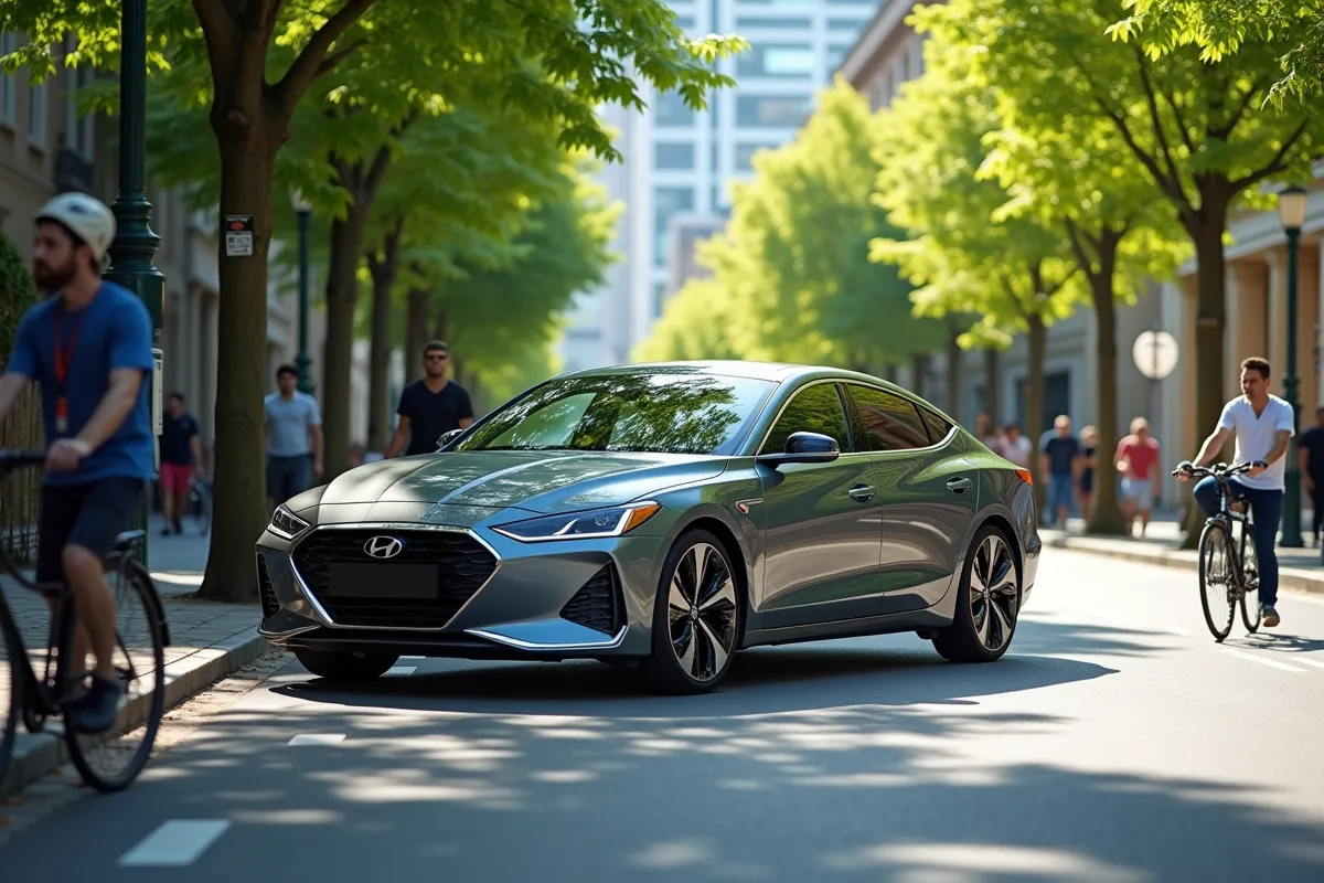 Voiture hybride moderne garée en ville avec arbres et piétons