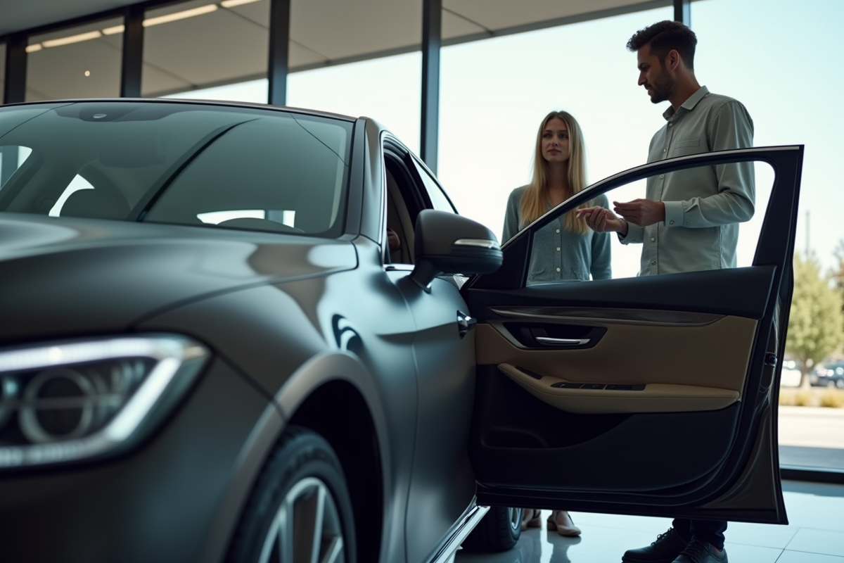 Voiture propre avec porte ouverte et vendeur expliquant les caractéristiques à un couple