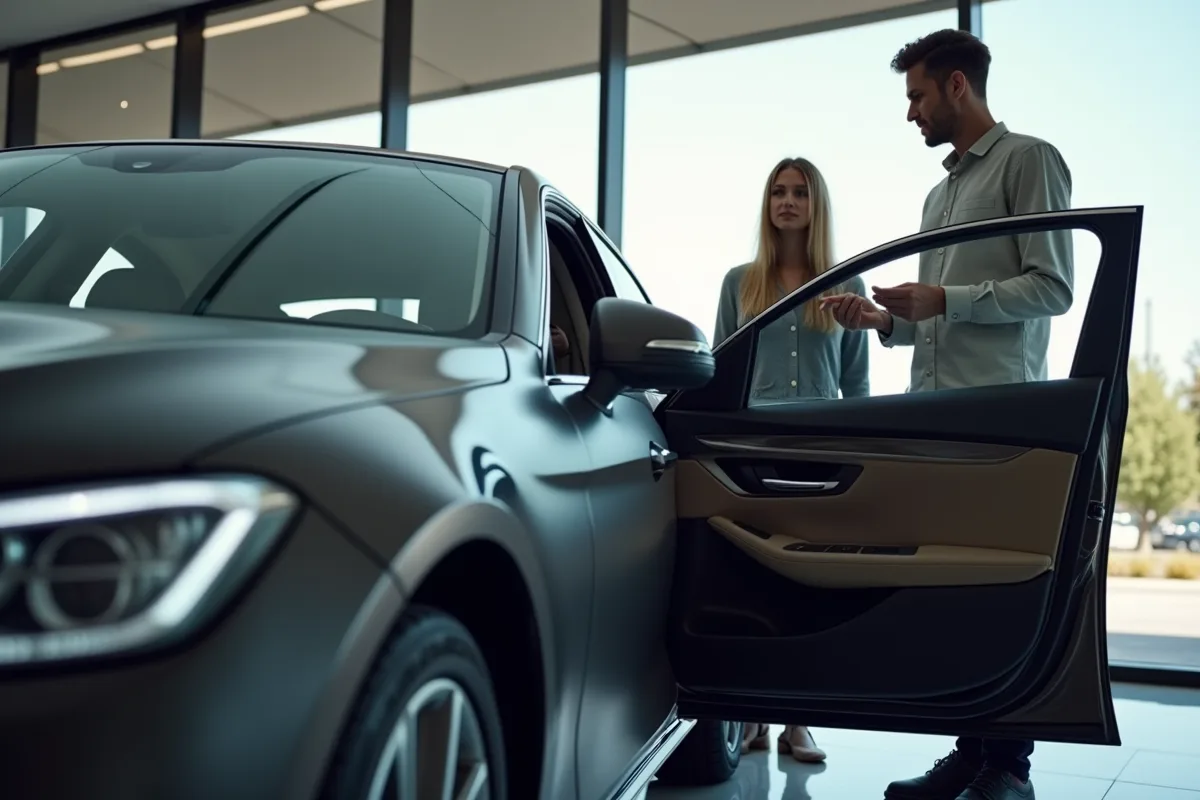 Voiture propre avec porte ouverte et vendeur expliquant les caractéristiques à un couple