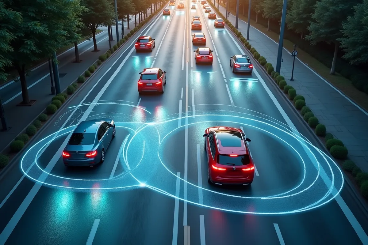 Voitures en ville avec lignes holographiques ADAS sur la route