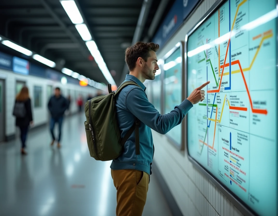 Voyageur étudiant le plan du réseau métro parisien avec focus sur la ligne 10 et les arrêts musées