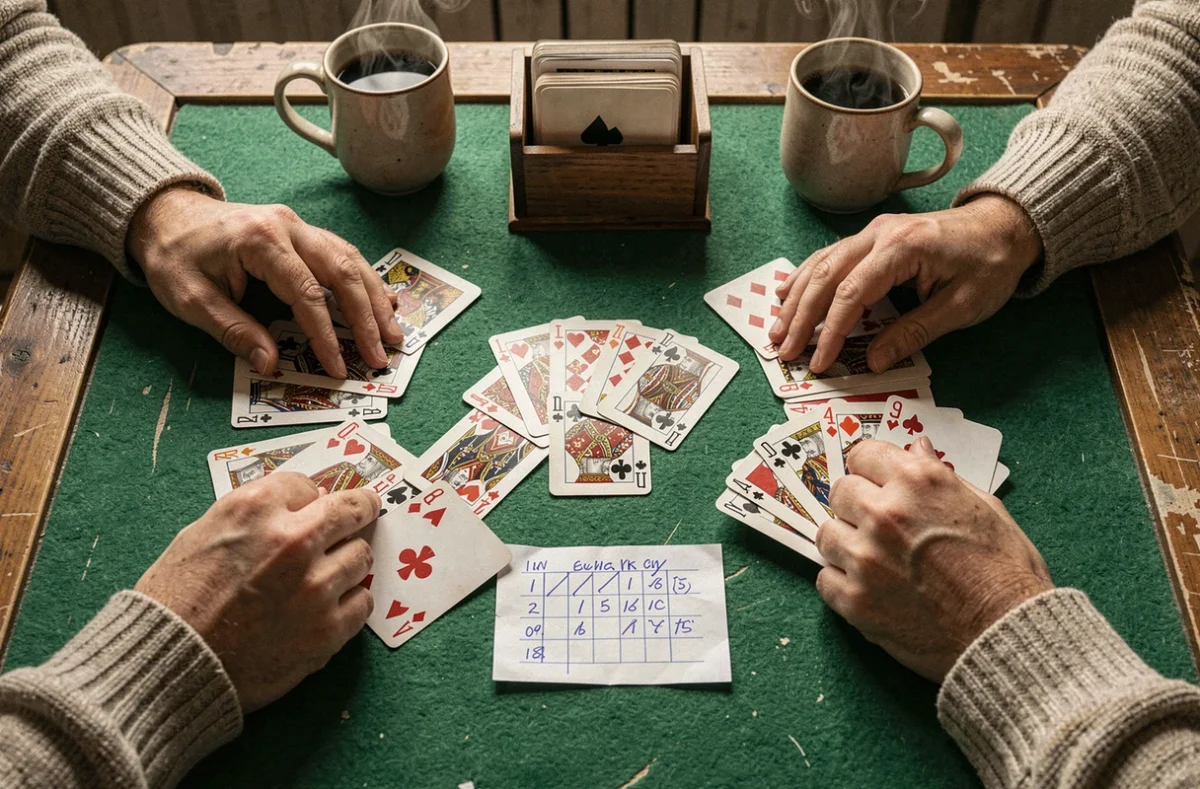 Vue aérienne d'une partie de belote à deux avec des cartes françaises étalées sur un tapis vert, une feuille de score et deux tasses de café