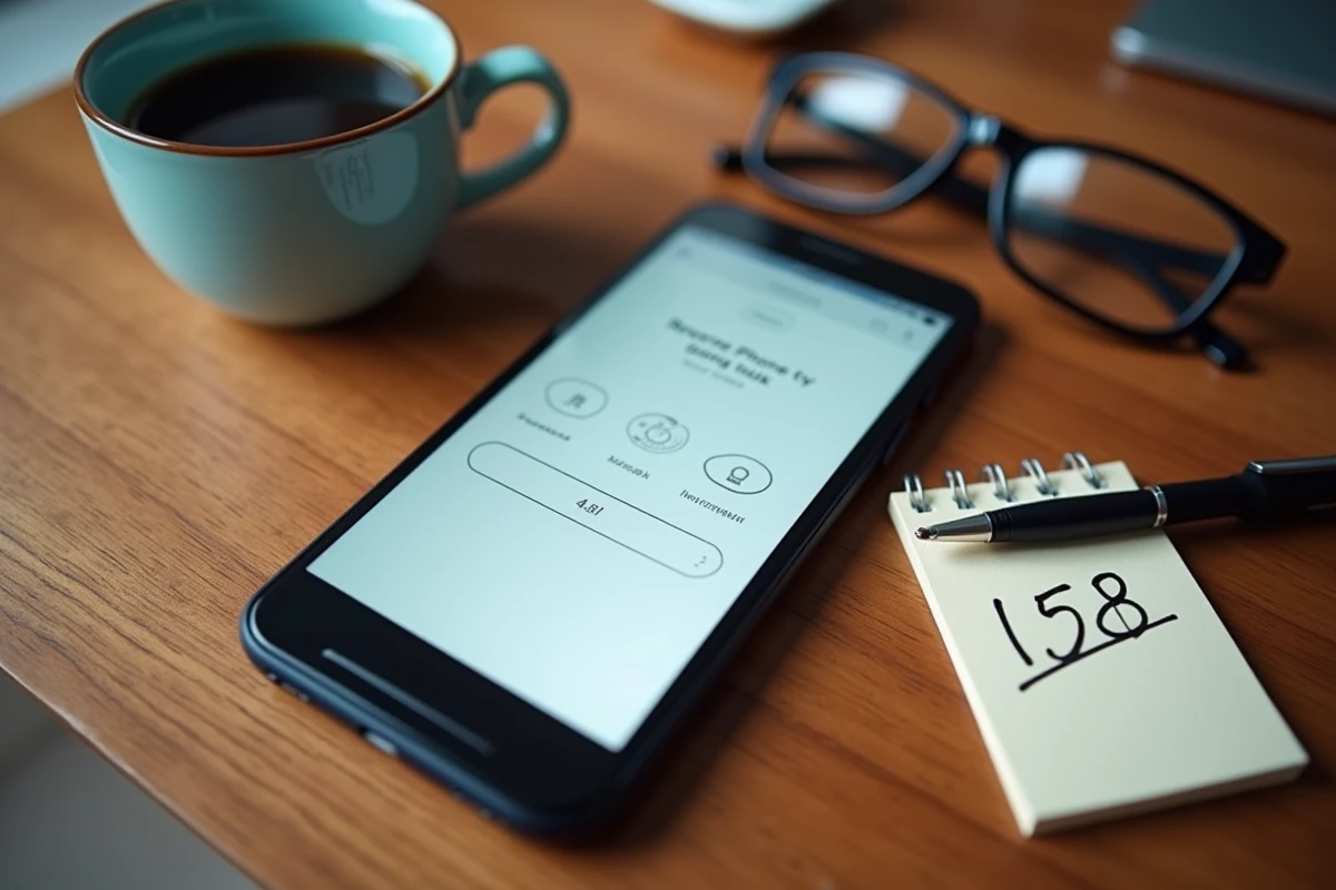 Vue de dessus d'un smartphone affichant un site d'annuaire inversé gratuit posé sur un bureau avec bloc-notes et café